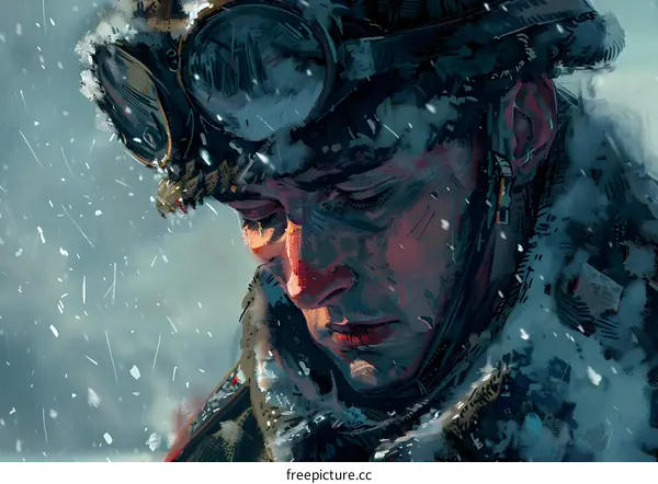 Portrait of a soldier wearing a fur hat and goggles