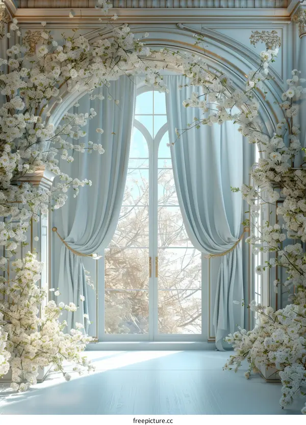 Elegant Light Blue Room with Blooming Cherry Blossoms
