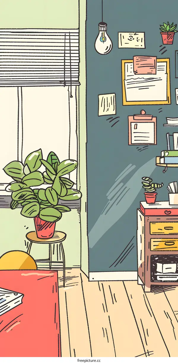 Cozy Hand Drawn Illustration of a Green Plant on the Table Next to the Window with a Light Bulb Hanging From the Ceiling and a Desk With Books and Papers