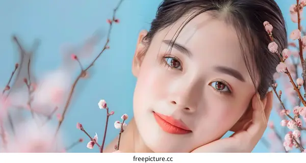 Beautiful Asian Woman with Spring Flowers