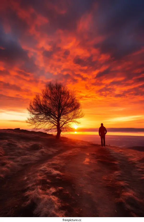 Lonely Man Silhouette at Sunset Overlooking a Lake