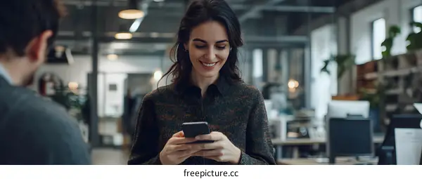 Smiling Woman Using Phone In Office
