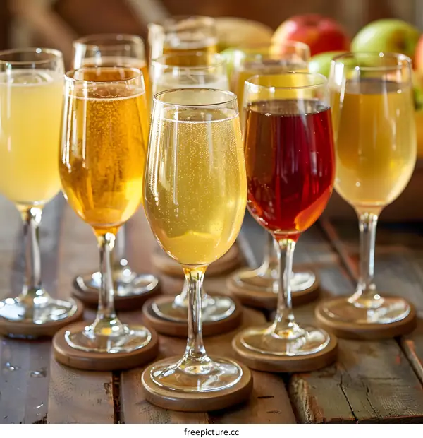 Assortment of Different Flavors of Cider in Glasses on a Wooden Table