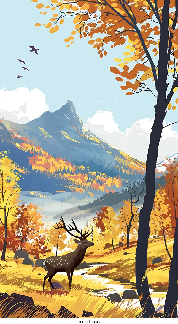 Autumn Forest Landscape with Deer and Mountains