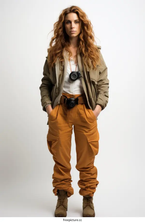 Portrait of a female photographer with curly red hair and an olive drab jacket