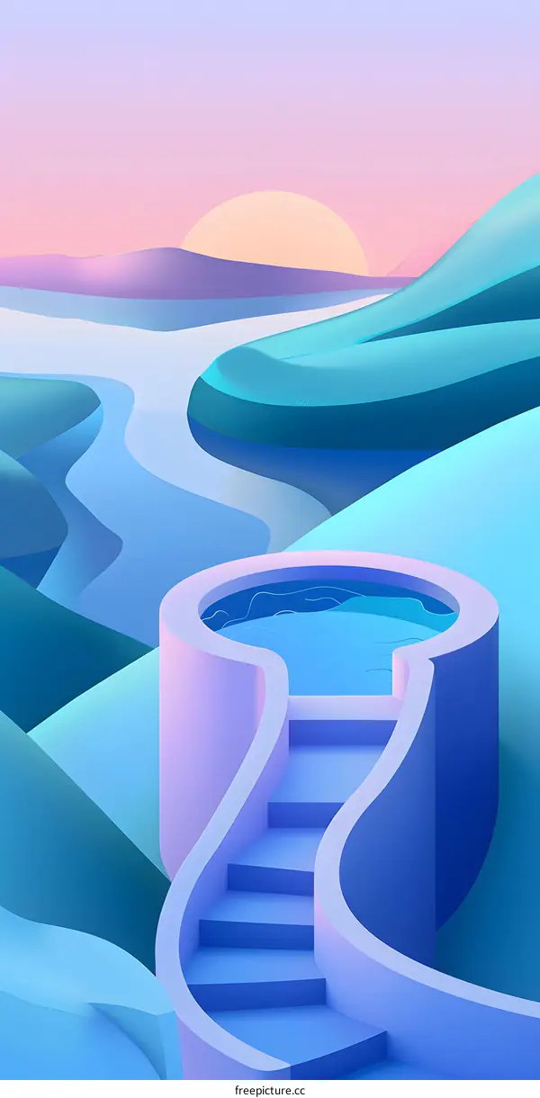 Abstract Minimalist Illustration of a Pool with Stairs and Landscape