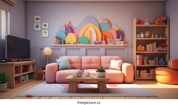 A colorful living room with a pink sofa, a television, and a bookshelf
