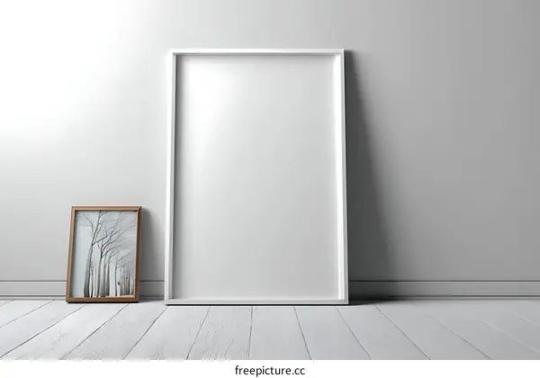 Empty White Frame Against Light Gray Wall