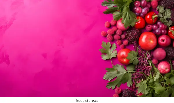 An arrangement of red fruits and vegetables on a pink background