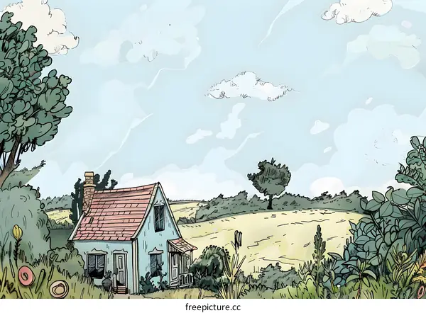 Blue House with Red Roof in Countryside Landscape