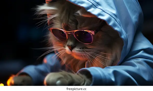 A hacker cat wearing glasses and a hoodie is working on a computer