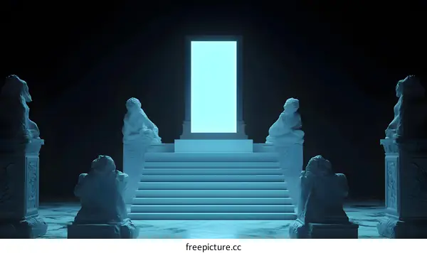 Blue Glowing Doorway With Stone Statues And Stairs