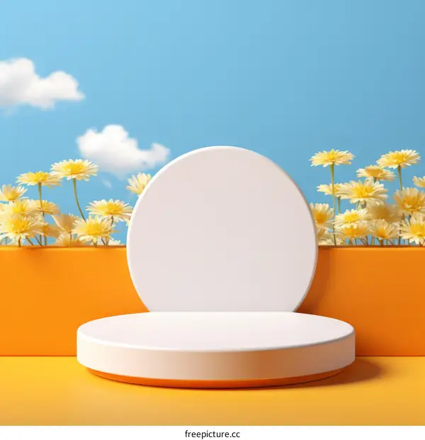 3D rendering of a white podium with a yellow backdrop and a blue sky with clouds