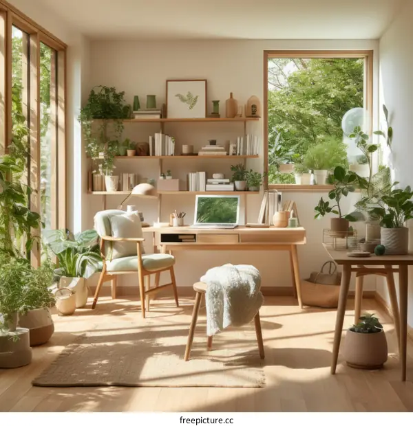 A sunlit home office with a large desk, a comfortable chair, and lots of plants