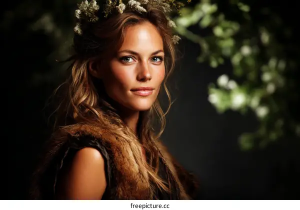 Fashionable Woman with Floral Crown in a Forest Setting
