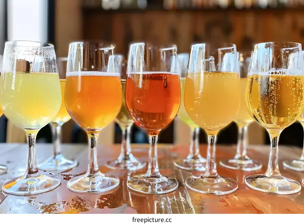 Assortment of Colorful Beverages in Glassware on Wooden Table
