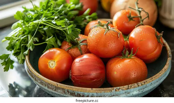 A bowl of fresh organic tomatoes and parsley