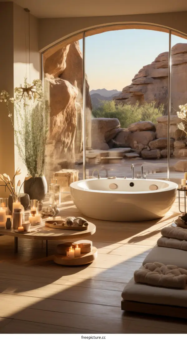 A Serene Spa Bathroom with a Stunning Desert View