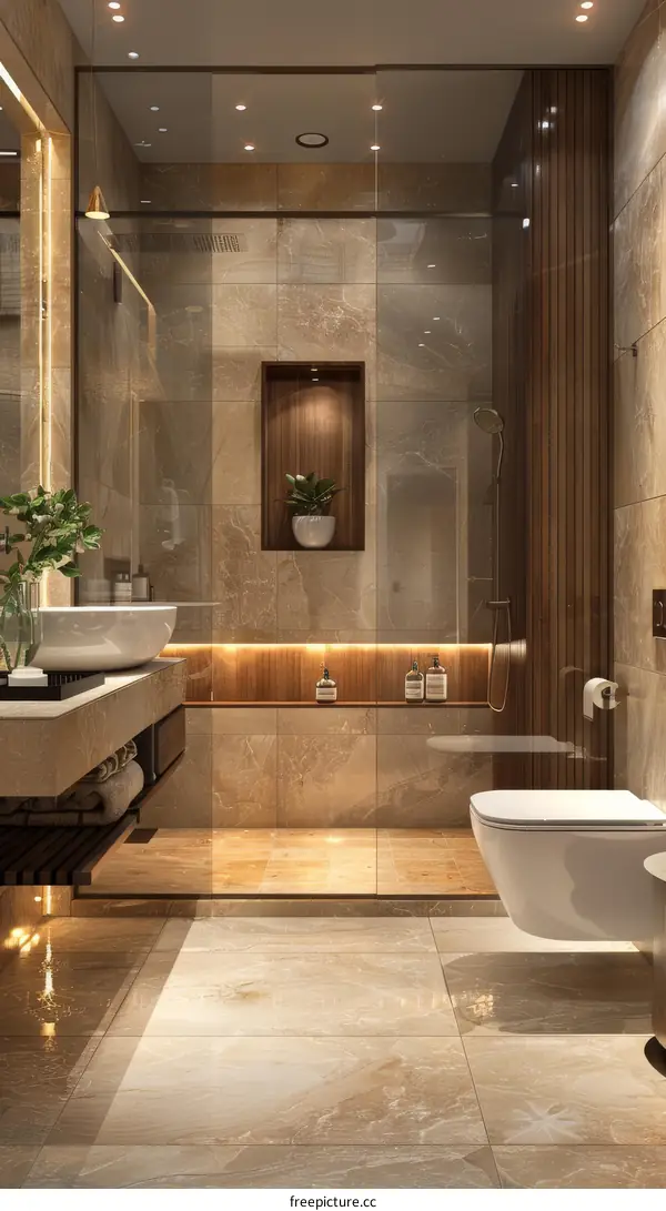 Luxury Hotel Bathroom with Marble Walls and Chandelier