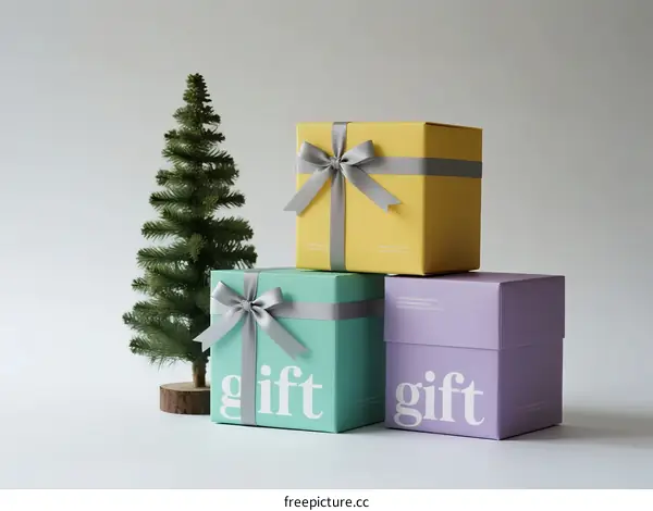 Colorful Gift Boxes with Ribbons and Small Christmas Tree
