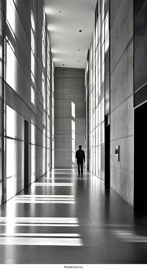 Man Walking in a Long Concrete Corridor with Sunbeams