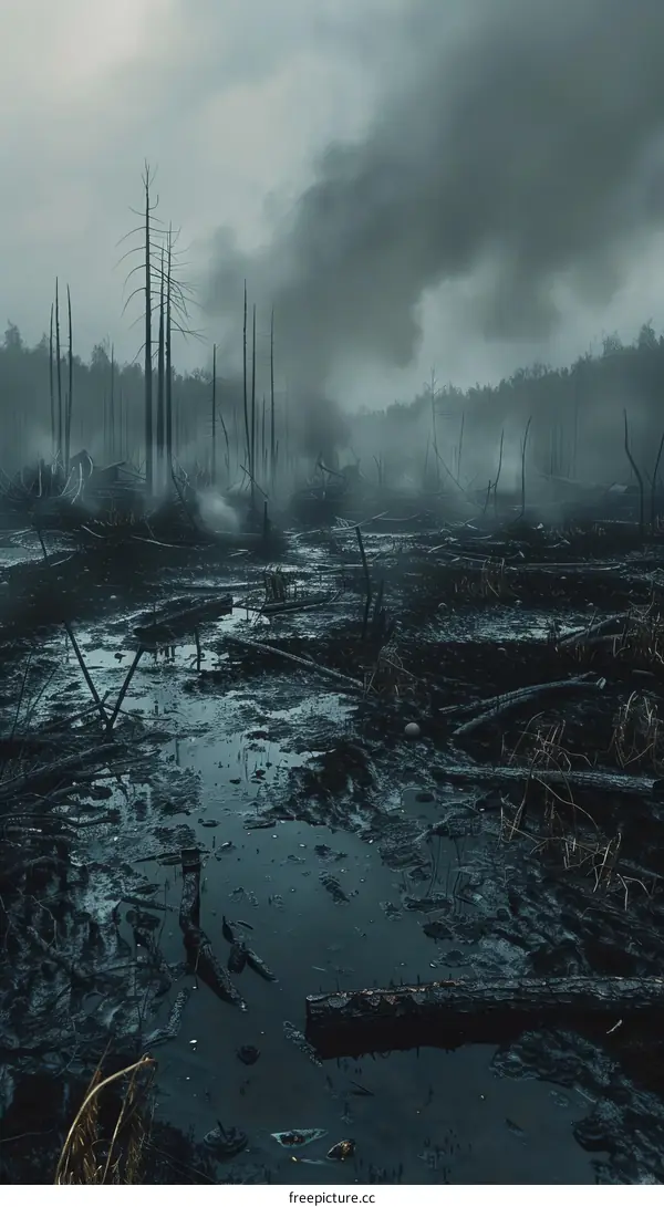 Post-apocalyptic landscape with dead trees and a swamp