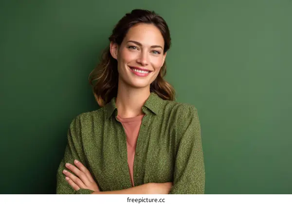 Smiling Woman in a Green Shirt against a Green Background