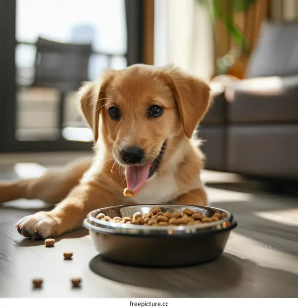 An adorable puppy eating food from a bowl