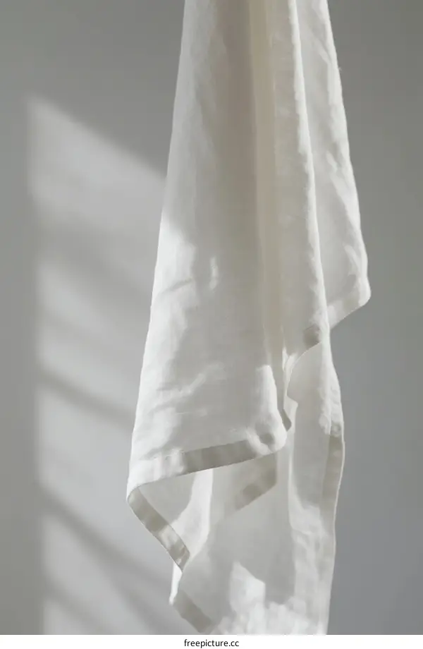 A close-up view of a white linen cloth hanging in soft light