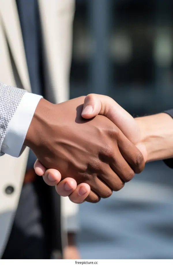Business handshake between African American and Caucasian business people