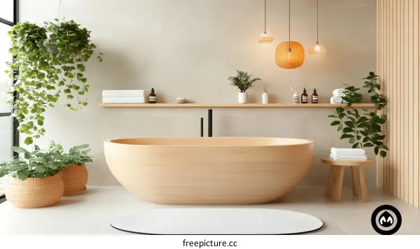 Modern Minimalist Wooden Bathtub in a Light Beige Bathroom