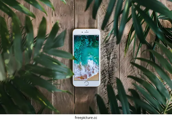 White Phone on Wooden Background with Green Plants