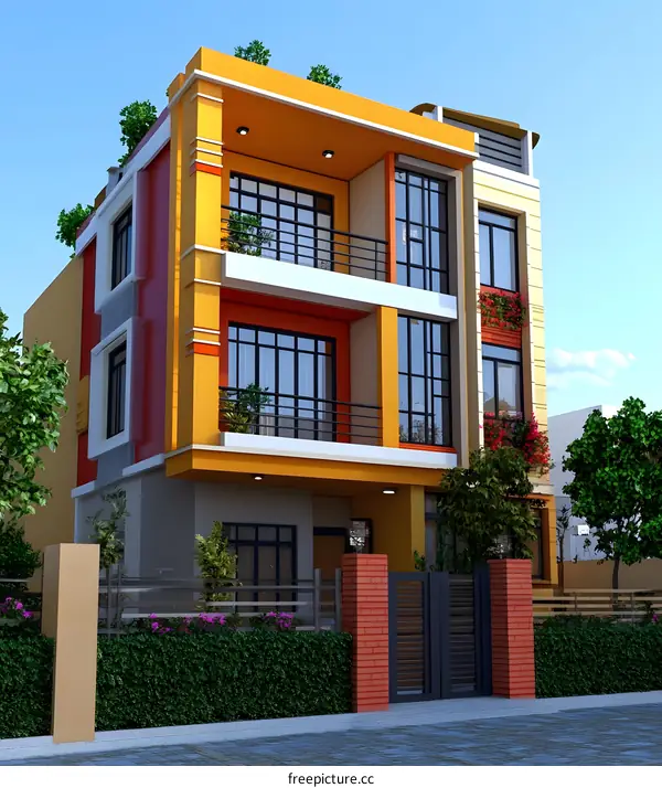 Modern Yellow House With Balcony And Green Bushes