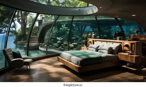 futuristic underwater bedroom with floor to ceiling windows