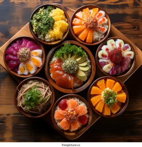 A variety of colorful and delicious poke bowls
