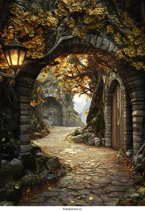 Stone Pathway Through an Autumnal Forest