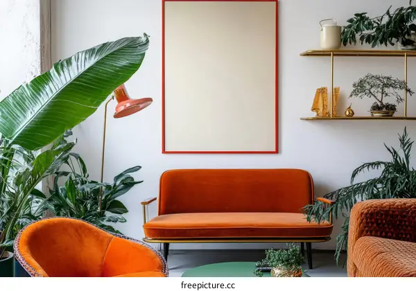 Modern Living Room Interior Design with Lush Plants and Orange Furniture
