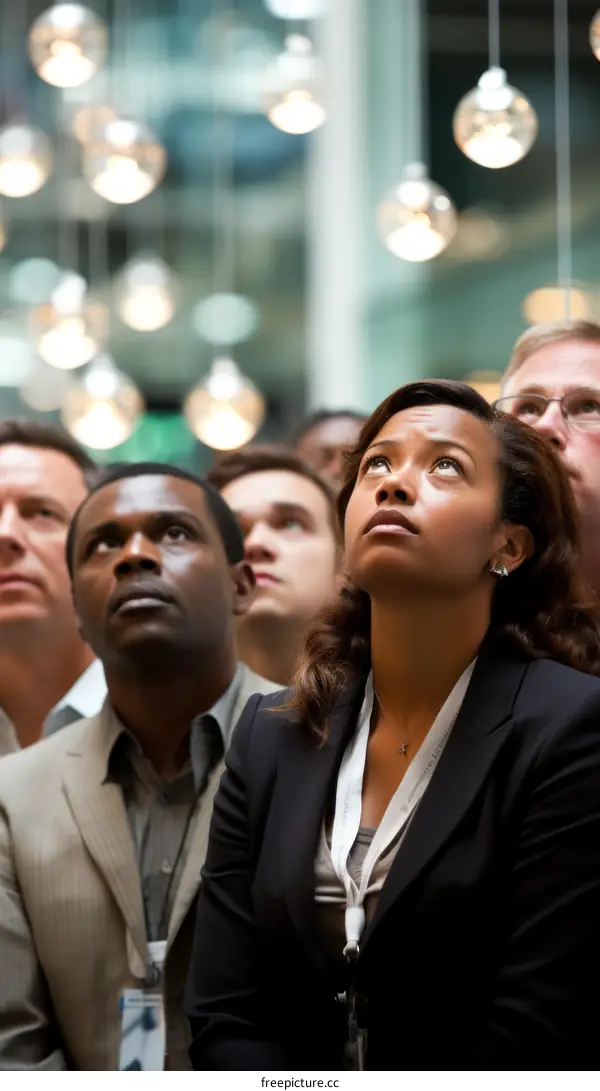 A group of people of various ethnicities looking up in awe