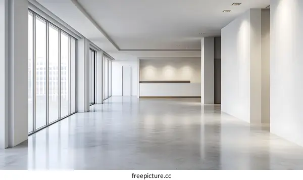 Modern Minimalist Lobby Interior Design with White Walls and Concrete Floor