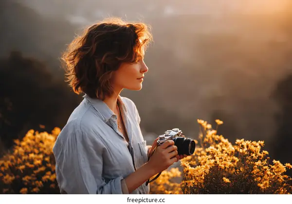 Woman Photographer at Sunset Viewing Flowers