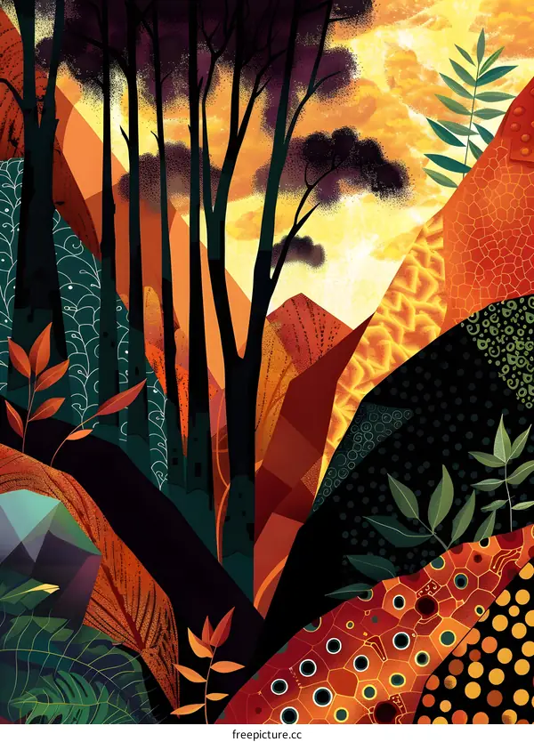 Geometric Forest Landscape with Sunset