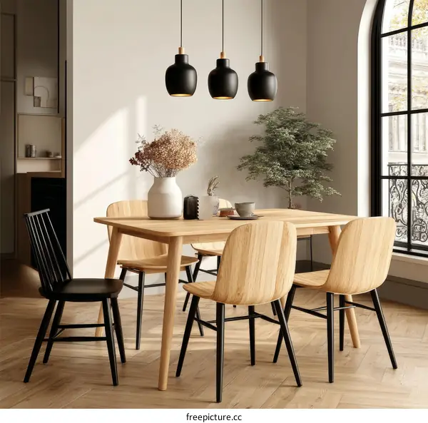Modern Dining Room with Black Pendant Lights