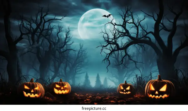 Spooky Halloween night scene with pumpkins and a haunted forest