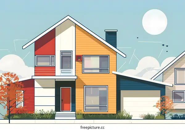 Modern House Illustration With Yellow And Red Colors