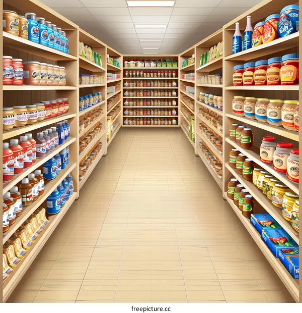 Empty Grocery Store Aisle with Shelves Full of Products