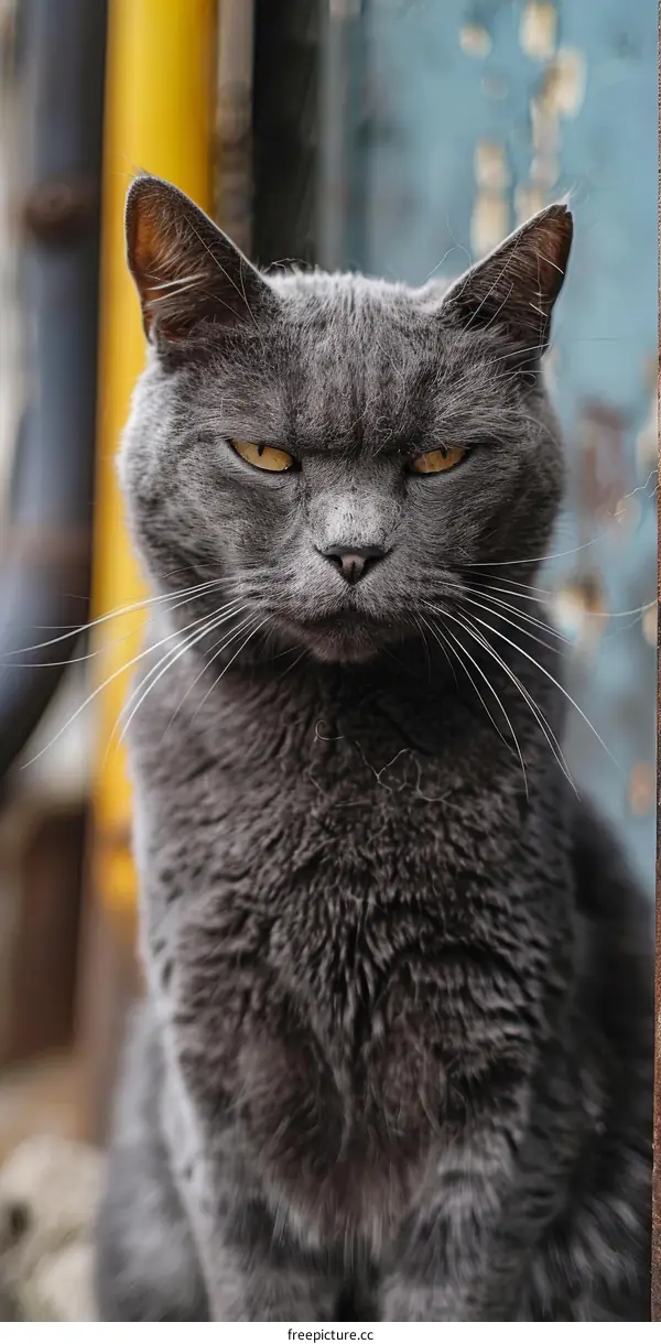 Gray cat staring at the camera with yellow eyes