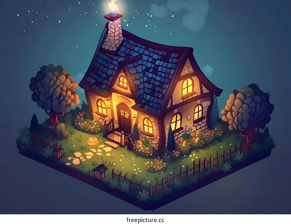 Cozy Cottage Illustration with Night Sky and Garden