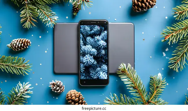 Smartphone on a Blue Background with Pine Branches and Pine Cones