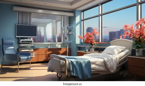 A hospital room with a bed, TV, and flowers
