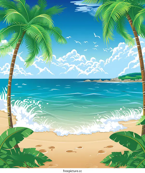 Tropical Beach Scene with Palm Trees and Blue Sky